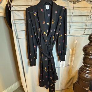 Cabi Black Floral Wrap Dress with Bishop Sleeves